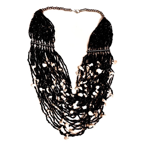 Gorgeous Vntg Navajo Sterling Slvr Black Seed Beads MoP 30 strand Necklace